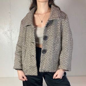 Vintage Brown + White Knot Woven Blazer Pea Coat
